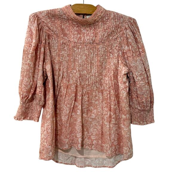 Sundance | Top Pink Floral High Neck 3/4 Sleeves Cotton- Size XS - Picture 1 of 9